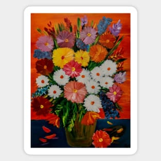 beautiful bouquet of mixed flowers in a vintage brass vase Sticker